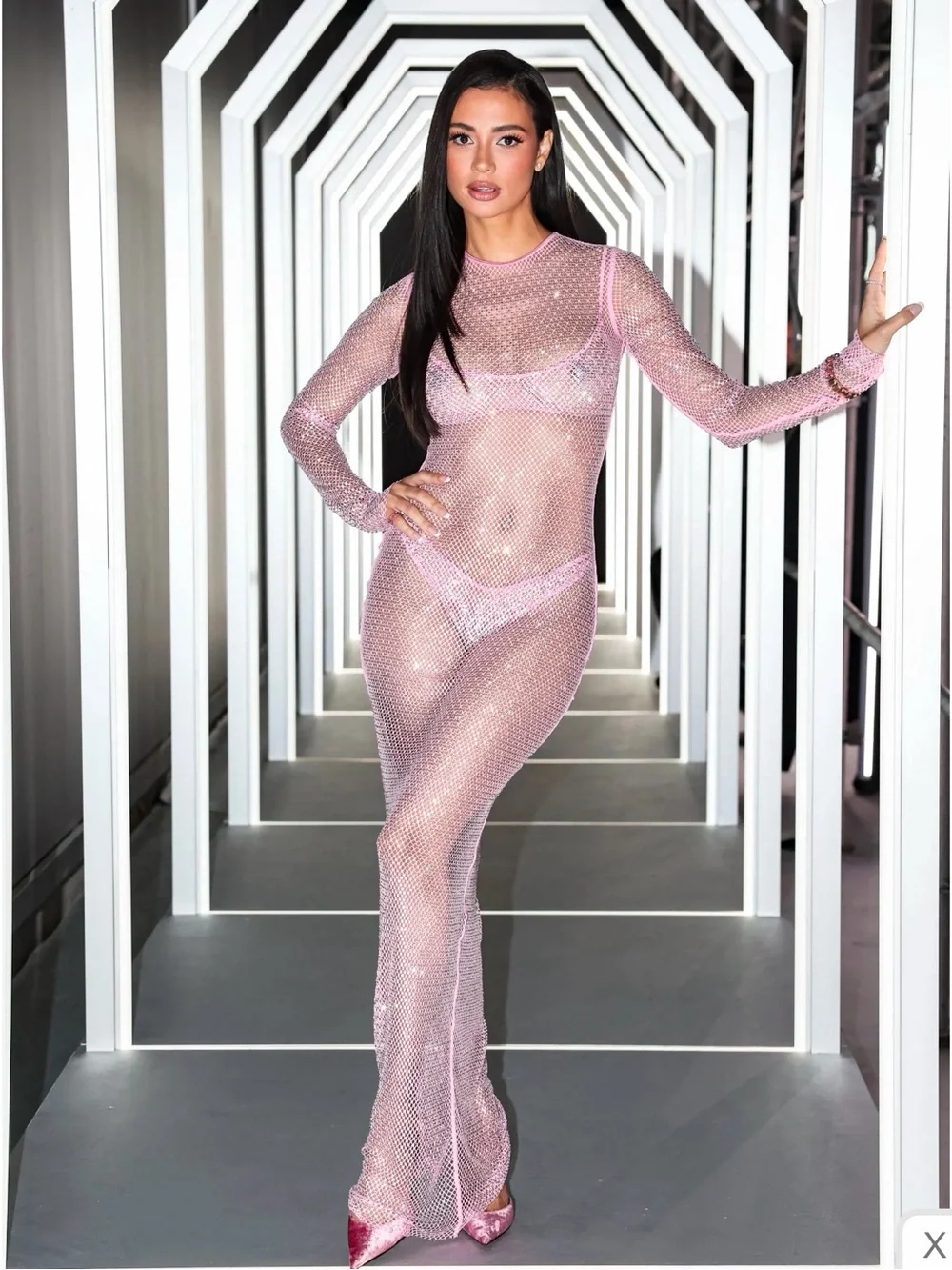 SKIMS X Swarovski Crystals- Stretch Net Long Sleeve Dress Bubble Gum Size Small
